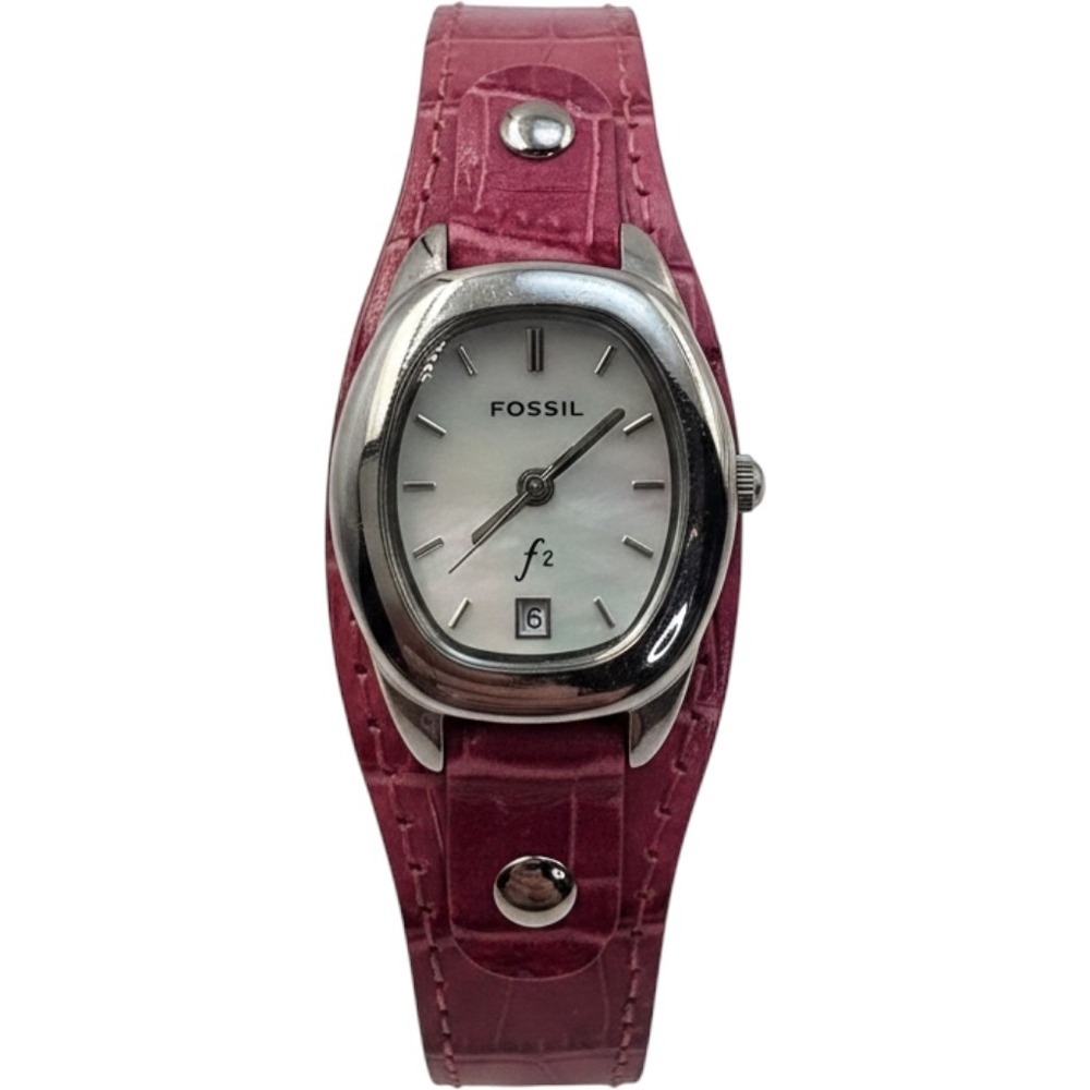 Fossil f2 Womens Watch Pink Leather Cuff Strap Mother of Pearl Dial Date ES-9631
